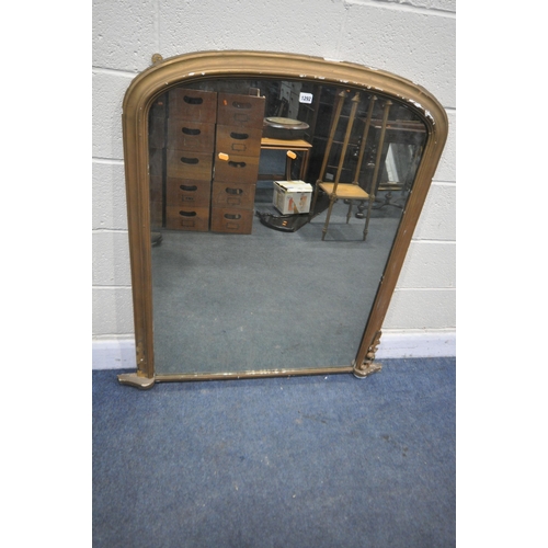 1292 - A VICTORIAN GILT FRAMED DOMED OVER MANTEL MIRROR, 108cm x 117cm (condition - peeling to gilt missing... 