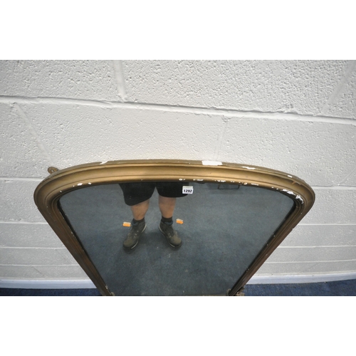 1292 - A VICTORIAN GILT FRAMED DOMED OVER MANTEL MIRROR, 108cm x 117cm (condition - peeling to gilt missing... 