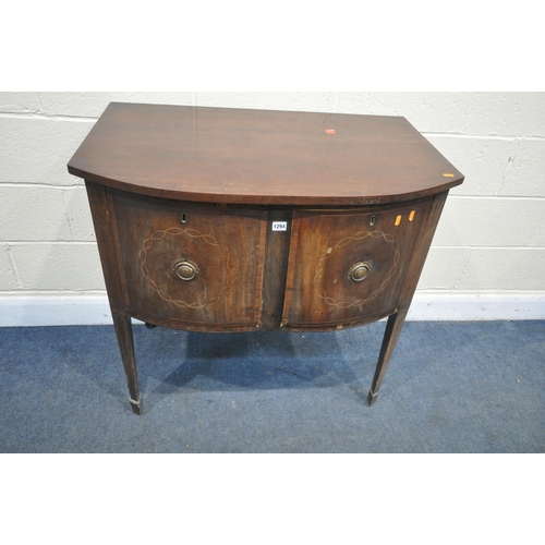 1294 - A VICTRORIAN MAHOGANY AND INLAID BOW FRONT SIDEBOARD, with two deep drawers, on shaped tapering legs... 