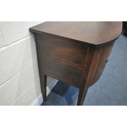 1294 - A VICTRORIAN MAHOGANY AND INLAID BOW FRONT SIDEBOARD, with two deep drawers, on shaped tapering legs... 