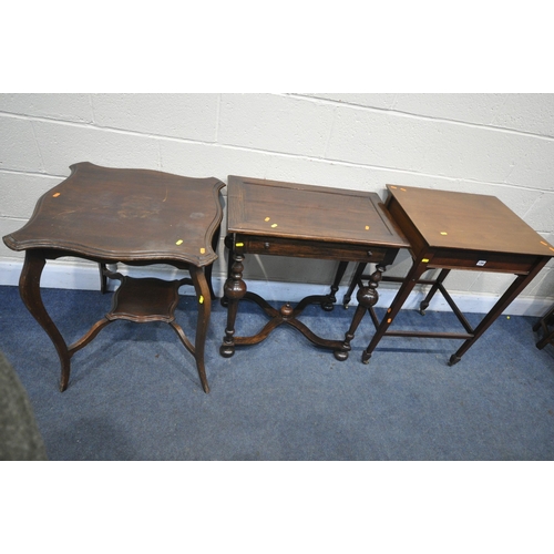 1295 - AN EARLY 20TH CENTURY MAHOGANY TWO TIER TROLLEY, with a single frieze drawer, on square tapered legs... 