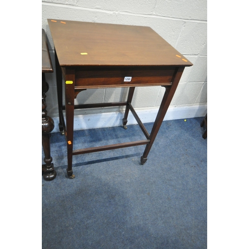 1295 - AN EARLY 20TH CENTURY MAHOGANY TWO TIER TROLLEY, with a single frieze drawer, on square tapered legs... 