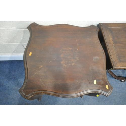 1295 - AN EARLY 20TH CENTURY MAHOGANY TWO TIER TROLLEY, with a single frieze drawer, on square tapered legs... 