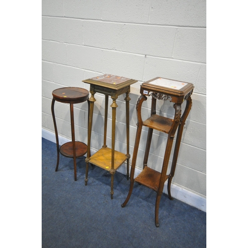 1297 - AN EARLY 20TH CENTURY OAK JARDINAIRE STAND, with a tile insert, pierced and foliate carving, on shap... 