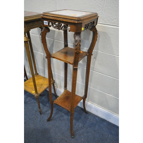 1297 - AN EARLY 20TH CENTURY OAK JARDINAIRE STAND, with a tile insert, pierced and foliate carving, on shap... 