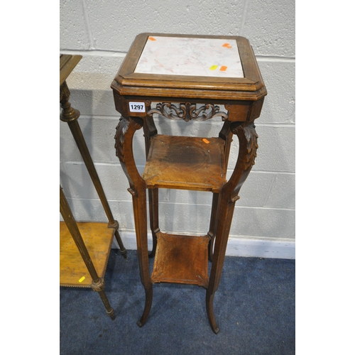 1297 - AN EARLY 20TH CENTURY OAK JARDINAIRE STAND, with a tile insert, pierced and foliate carving, on shap... 