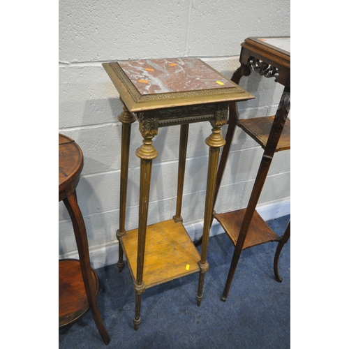 1297 - AN EARLY 20TH CENTURY OAK JARDINAIRE STAND, with a tile insert, pierced and foliate carving, on shap... 