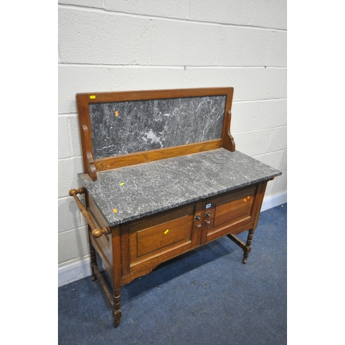 1300 - A 20TH CENTURY OAK MARBLE TOP WASHSTAND, length 117cm x depth 49cm x height 118cm x height of base 7... 