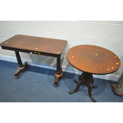 1302 - A REGENCY MAHOGANY SIDE TABLE, on twin turned supports, and bun feet, length 103cm x depth 52cm x he... 