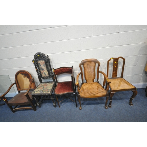 1304 - A SELECTION OF PERIOD CHAIRS, to include a 19th century ebonised hall chair, with birds and foliate ... 