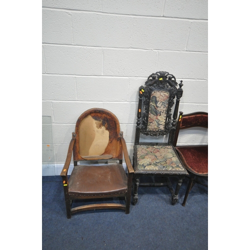 1304 - A SELECTION OF PERIOD CHAIRS, to include a 19th century ebonised hall chair, with birds and foliate ... 