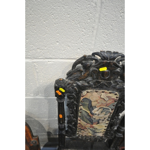 1304 - A SELECTION OF PERIOD CHAIRS, to include a 19th century ebonised hall chair, with birds and foliate ... 