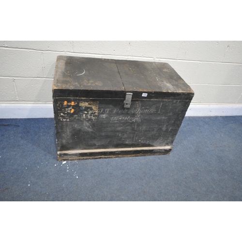 1305 - A BLACK PAINTED PINE TOOL CHEST, with a hinged lid, and twin handles, length 92cm x depth 50cm x hei... 