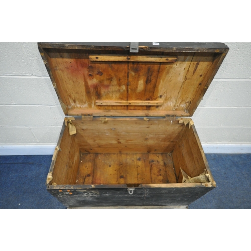 1305 - A BLACK PAINTED PINE TOOL CHEST, with a hinged lid, and twin handles, length 92cm x depth 50cm x hei... 