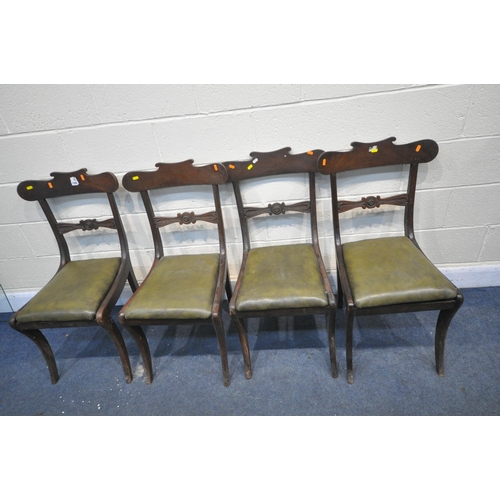 1306 - A SET OF FOUR REGENCY MAHOGANY BAR BACK CHAIRS, with olive green leather seat pads, on sabre legs (c... 