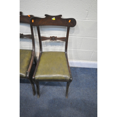 1306 - A SET OF FOUR REGENCY MAHOGANY BAR BACK CHAIRS, with olive green leather seat pads, on sabre legs (c... 