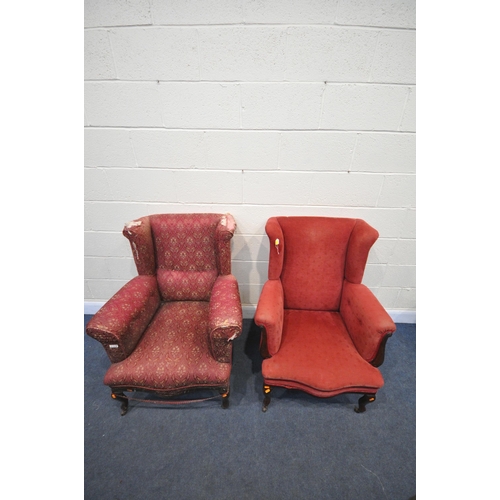 1310 - TWO LATE 19TH CENTURY MAHOGANY FRAMED WING BACK ARMCHAIRS, serpentine front, on cabriole front legs ... 