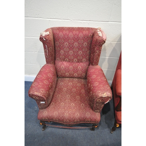 1310 - TWO LATE 19TH CENTURY MAHOGANY FRAMED WING BACK ARMCHAIRS, serpentine front, on cabriole front legs ... 