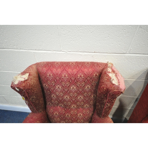 1310 - TWO LATE 19TH CENTURY MAHOGANY FRAMED WING BACK ARMCHAIRS, serpentine front, on cabriole front legs ... 