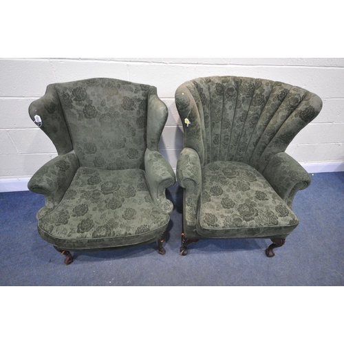 1312 - A GEORGIAN STYLE WING BACK ARMCHAIR, with a bow top, on ball and claw feet, along with a Georgian st... 