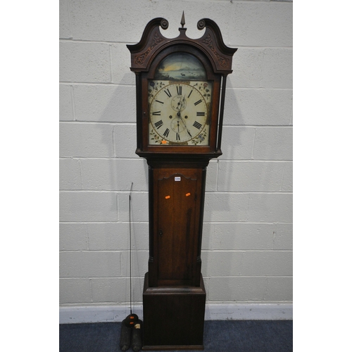 1316 - A GEORGIAN OAK EIGHT DAY LONGCASE CLOCK, the hood with swan neck pediment, twin pillars, flanking a ... 