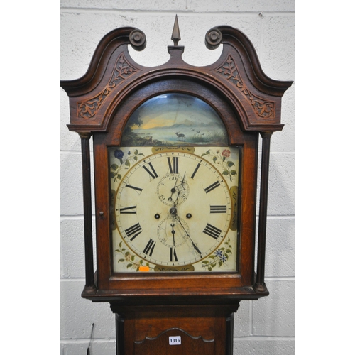 1316 - A GEORGIAN OAK EIGHT DAY LONGCASE CLOCK, the hood with swan neck pediment, twin pillars, flanking a ... 