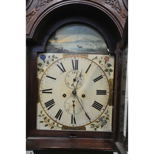 1316 - A GEORGIAN OAK EIGHT DAY LONGCASE CLOCK, the hood with swan neck pediment, twin pillars, flanking a ... 