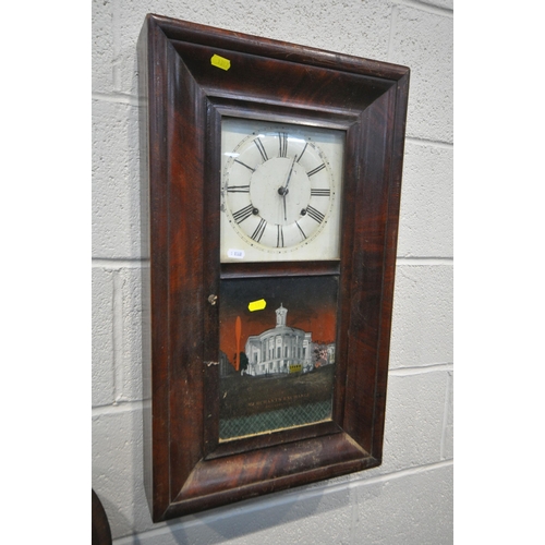 1317 - TWO 19TH CENTURY MAHOGANY WALL CLOCK, with an ogee shaped frame, and painted glass panel, width 40cm... 