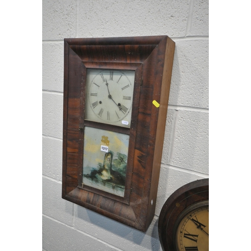 1317 - TWO 19TH CENTURY MAHOGANY WALL CLOCK, with an ogee shaped frame, and painted glass panel, width 40cm... 