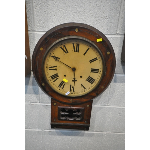 1317 - TWO 19TH CENTURY MAHOGANY WALL CLOCK, with an ogee shaped frame, and painted glass panel, width 40cm... 