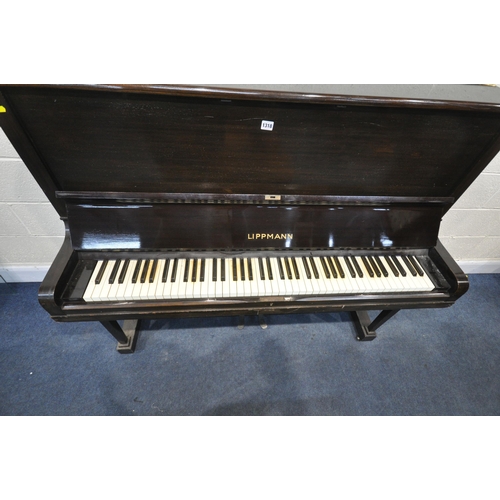 1318 - A LIPPMANN MAHOGANY UPRIGHT OVERSTRUNG PIANO (condition - surface marks and scratches, keys discolou... 