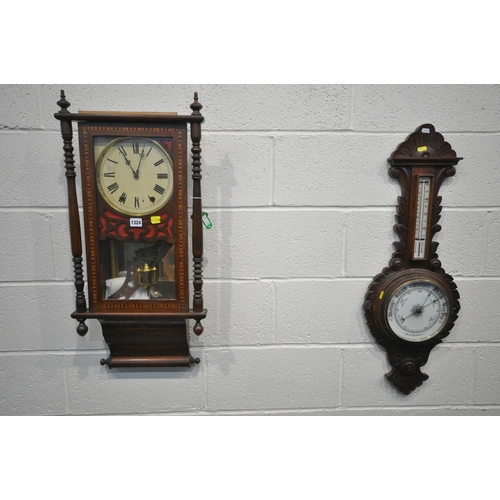 1324 - A 19TH CENTURY OAK CASED ANGLO-AMERICAN CHIMING WALL CLOCK, the door with Tunbridge ware, enclosing ... 