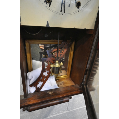 1324 - A 19TH CENTURY OAK CASED ANGLO-AMERICAN CHIMING WALL CLOCK, the door with Tunbridge ware, enclosing ... 