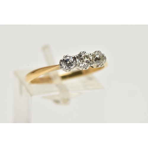 10 - A THREE STONE DIAMOND RING, set with three old cut diamonds, estimated total diamond weight 0.35cts,... 