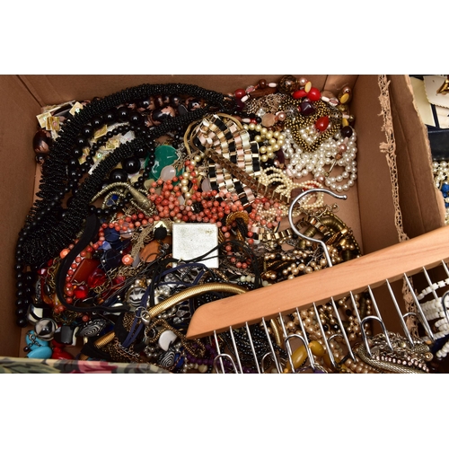 101 - TWO BOXES OF COSTUME JEWELLERY, to include beaded necklaces, imitation pearl necklaces, yellow and w... 