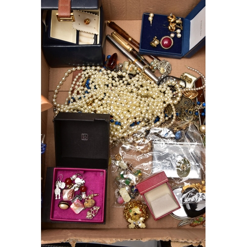 101 - TWO BOXES OF COSTUME JEWELLERY, to include beaded necklaces, imitation pearl necklaces, yellow and w... 