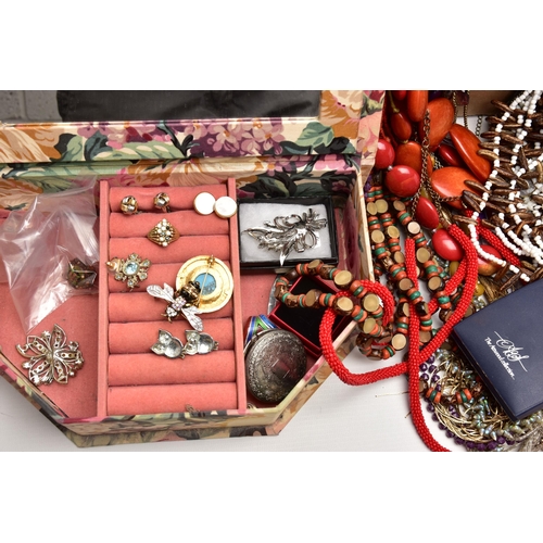 101 - TWO BOXES OF COSTUME JEWELLERY, to include beaded necklaces, imitation pearl necklaces, yellow and w... 