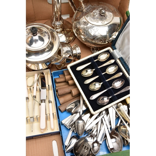 102 - A BOX OF ASSORTED WHITE METAL WARE, to include a pair of silver on copper candlesticks, a silver on ... 