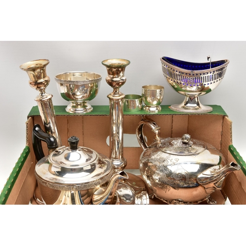 102 - A BOX OF ASSORTED WHITE METAL WARE, to include a pair of silver on copper candlesticks, a silver on ... 