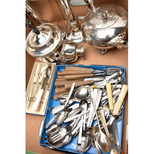 102 - A BOX OF ASSORTED WHITE METAL WARE, to include a pair of silver on copper candlesticks, a silver on ... 