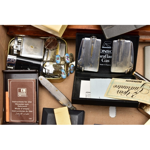 103 - A BOX OF ASSORTED ITEMS, to include a collection of lighters, names to include Dunhill, Ronson, Coli... 