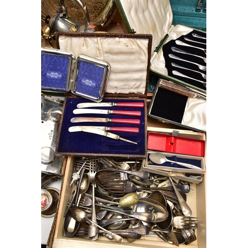 104 - TWO BOXES OF WHITE METAL, to include a wooden canteen, a silver plated hinged double photo frame, a ... 