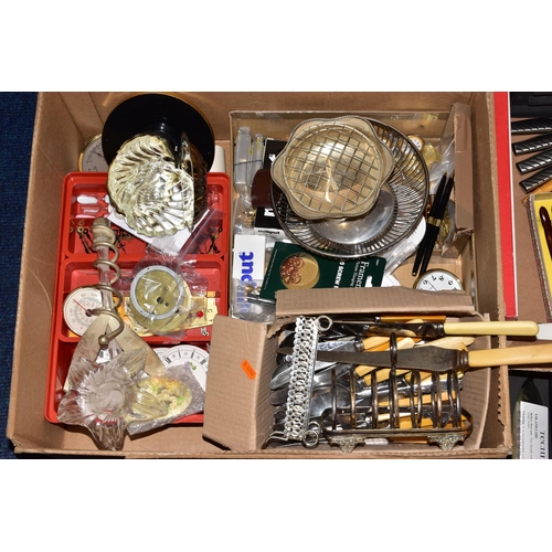 105 - A BOX OF ASSORTED ITEMS, to include clock dials, fountain pens and attachment fittings, a large glas... 