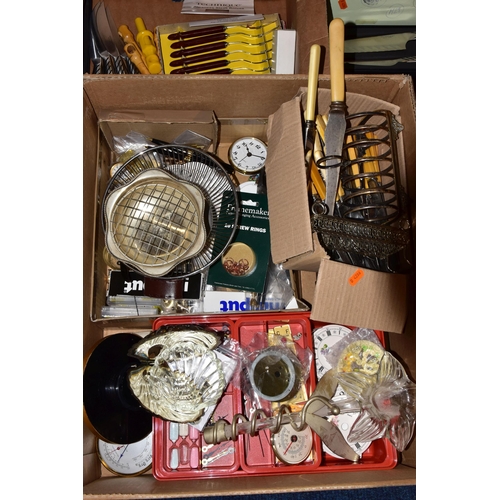 105 - A BOX OF ASSORTED ITEMS, to include clock dials, fountain pens and attachment fittings, a large glas... 