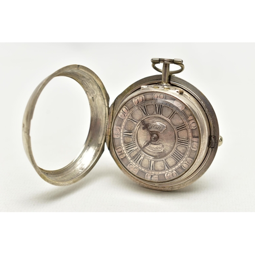 106 - A GEORGE II SILVER PAIR CASED VERGE KEY WOUND POCKET WATCH BY THOMAS HILL LONDON, the champleve dial... 