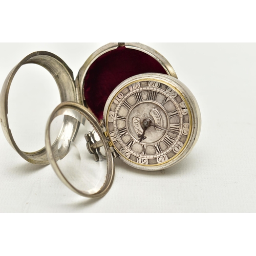 106 - A GEORGE II SILVER PAIR CASED VERGE KEY WOUND POCKET WATCH BY THOMAS HILL LONDON, the champleve dial... 