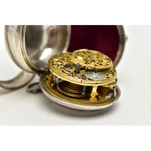 106 - A GEORGE II SILVER PAIR CASED VERGE KEY WOUND POCKET WATCH BY THOMAS HILL LONDON, the champleve dial... 