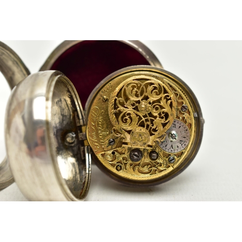 106 - A GEORGE II SILVER PAIR CASED VERGE KEY WOUND POCKET WATCH BY THOMAS HILL LONDON, the champleve dial... 