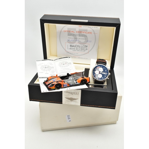 107 - A RAIDILLON 'CONQUEST ENDURANCE' DAY DATE WRISTWATCH WITH PRESENTATION BOX, the watch with black dia... 