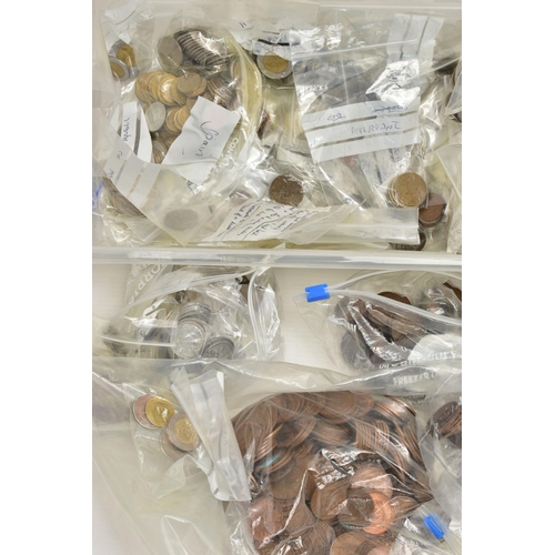 108 - TWO HEAVY PLASTIC BOXES OF COINS, to include a box of mainly 20th century Uk mixed coinage such as t... 